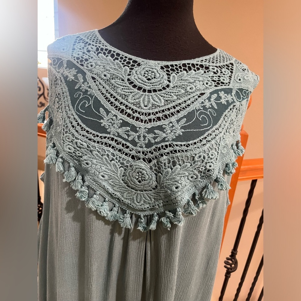 DAVI & DANI Sea Green Sleeveless CROCHET TASSLE YOKE BABYDOLL Dress SIZE 3XL - Picture 10 of 14